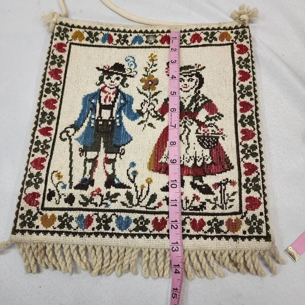 Vintage Tapestry Shoulder Bag – Folk Art Embroidered Purse with Fringe & Rope St
